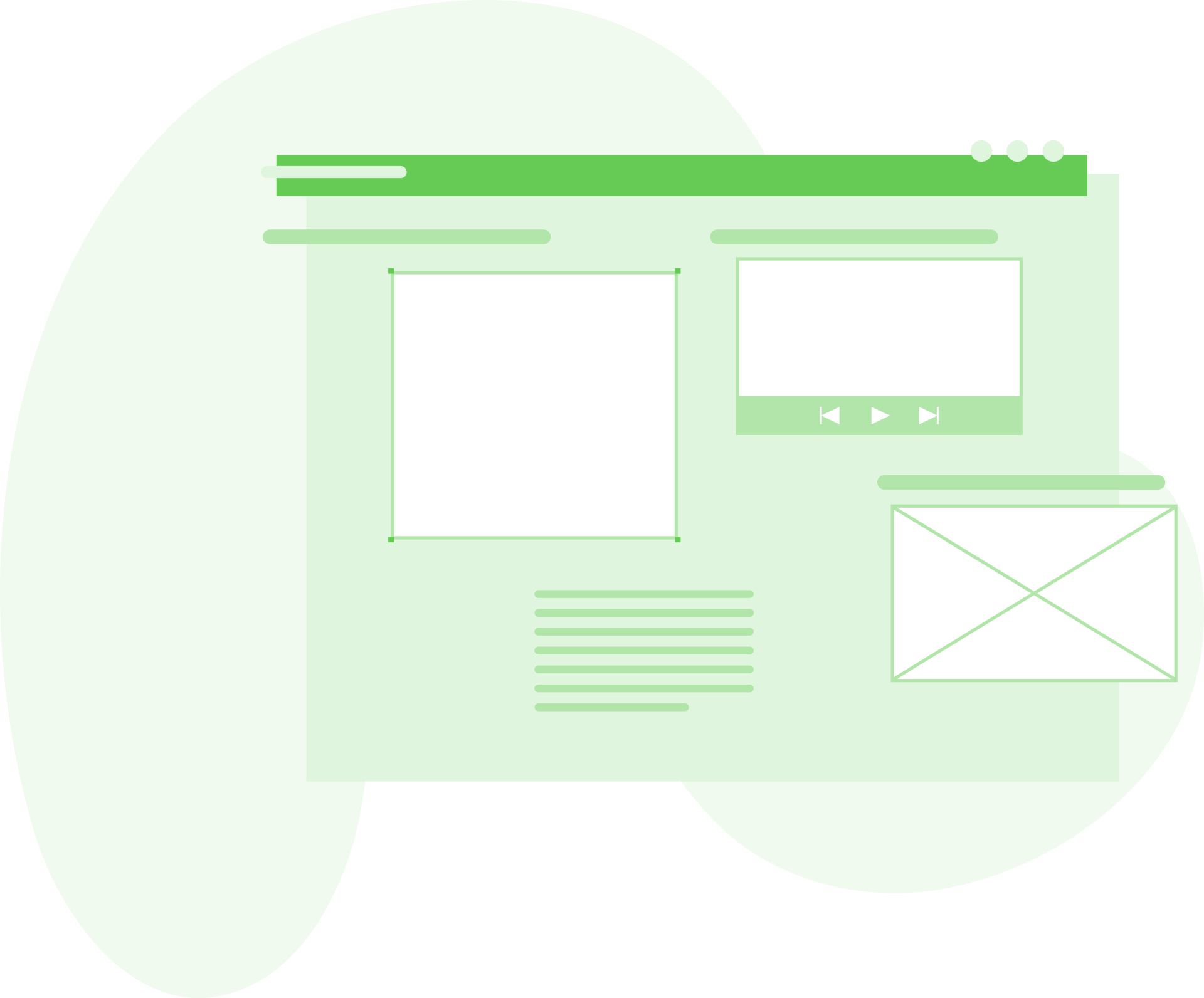Ein minimalistische Illustration von einem Webseiten-Layout mit einer Navigationsleiste, einem Videoplayer und Formularen mit grünen Akzenten und hellem Hintergrund.